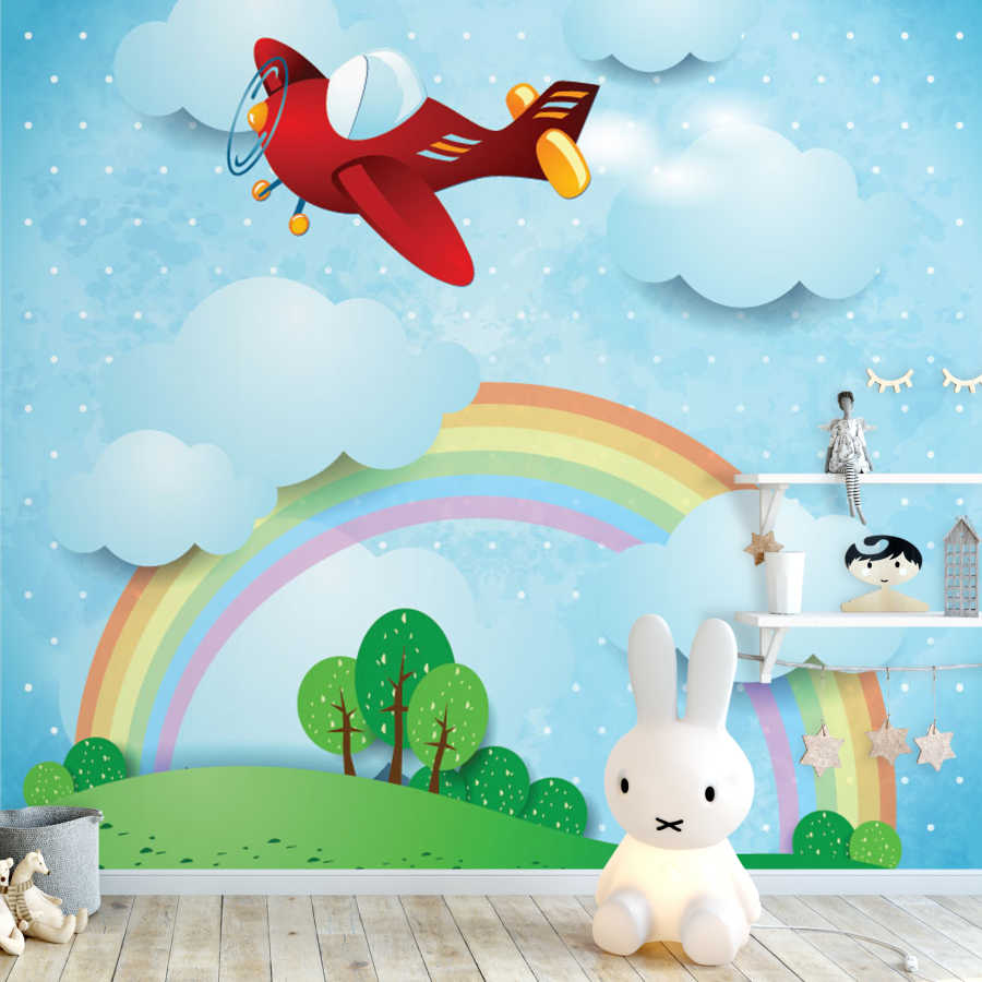Rainbow clouds and red plane in the sky baby wall mural