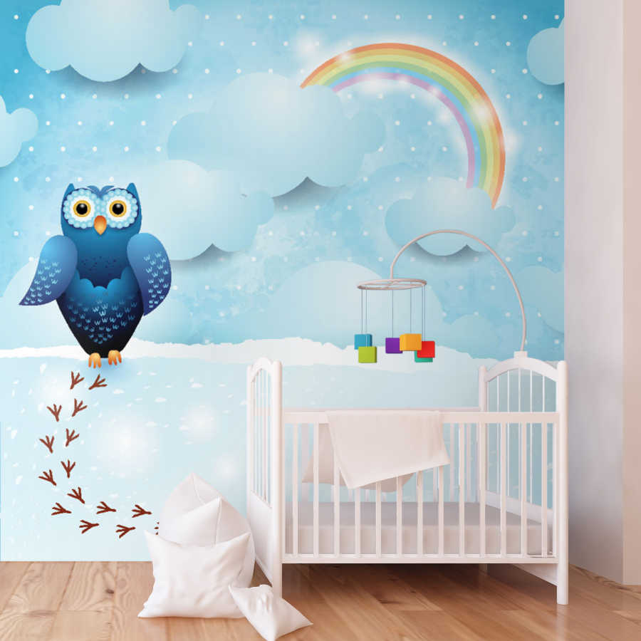 Blue owl's footprints baby room wall mural