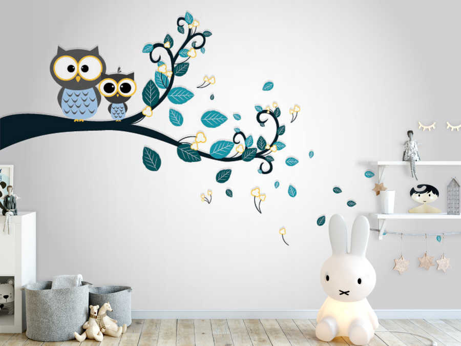 Cute owls on deciduous tree branch baby wall mural
