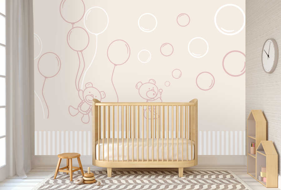Teddy bear playing with balloons and bubbles girl wall mural