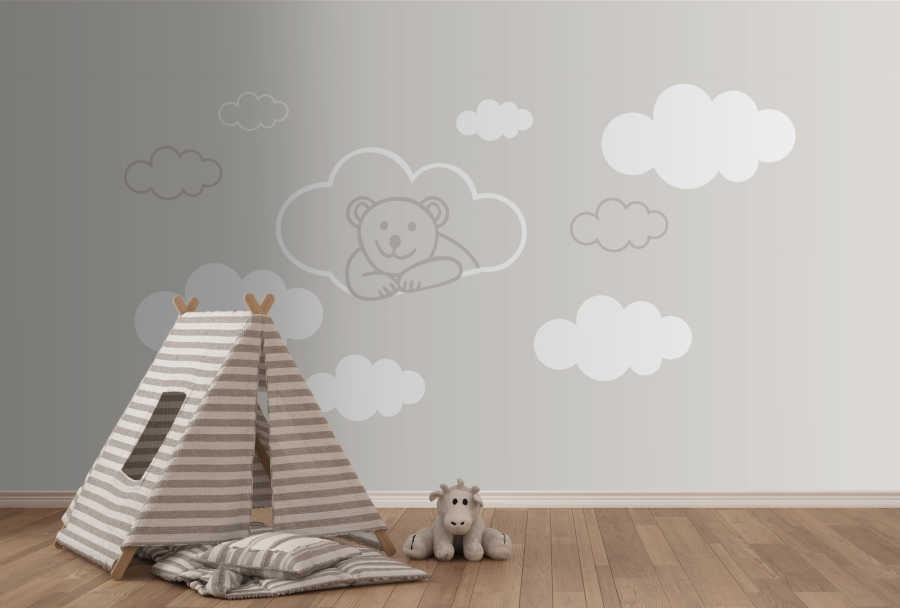 Gülen ayı ve beyaz bulutlar erkek bebek odası duvar kağıdı