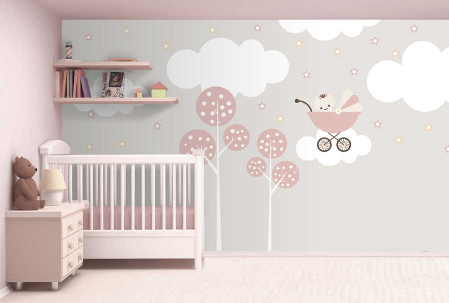 Flying stroller in the clouds trees and stars girl wall mural