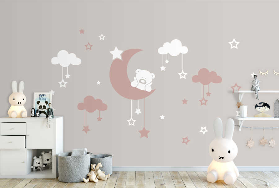 Hanging stars and smiley teddy bear from moon baby wall mural
