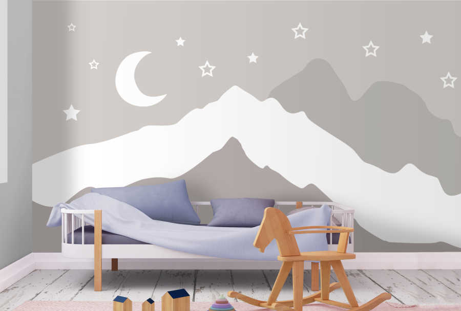 Moon stars night and row mountains baby room wall mural