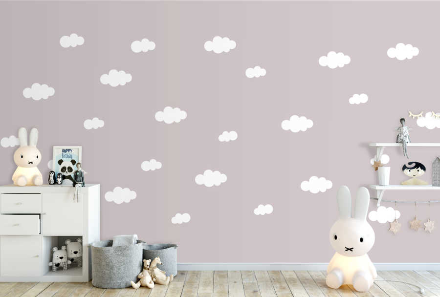 Pembe gökyüzü ve pamuk bulutlar bebek odası duvar kağıdı