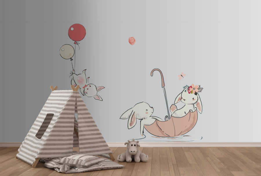 Renkli balonlar şemsiye ve tavşanlar bebek odası duvar kağıdı