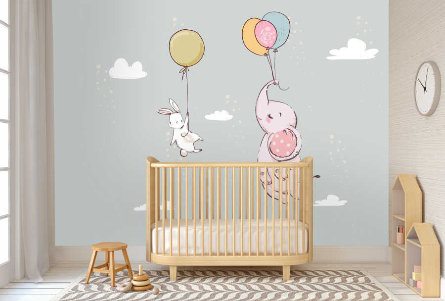 Fil ve beyaz tavşan uçan balonda bebek odası duvar kağıdı