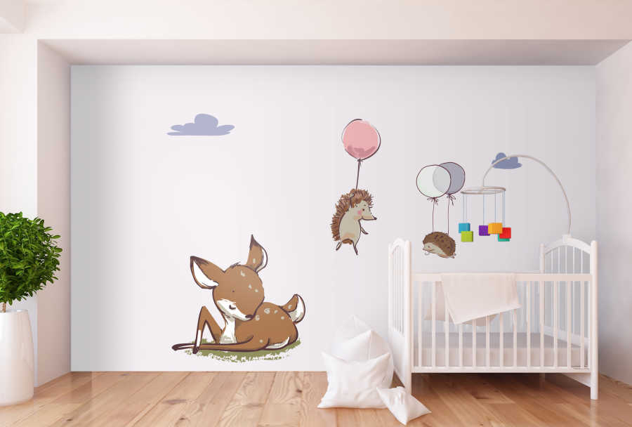 Sleeping gazelle and flying hedgehogs baby room wall mural