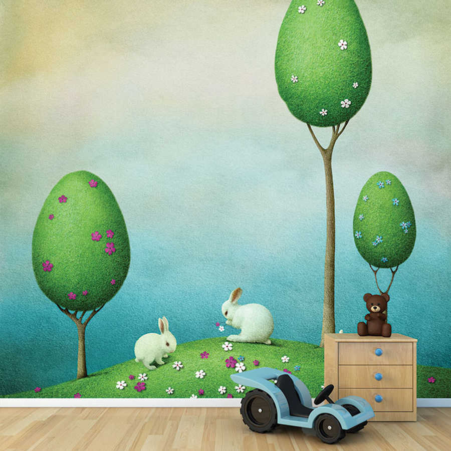 Rabbits collecting flowers in the jungle baby room wall mural