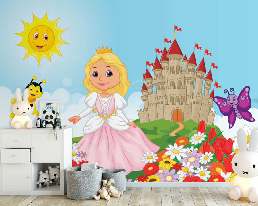 Princess and magic castle in the flowers baby room wall mural