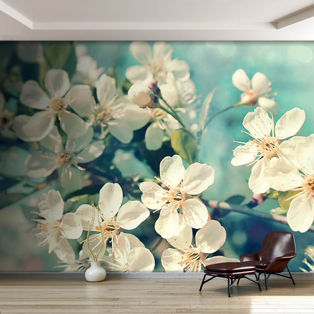 White cherry tree with green leaves in spring wall mural