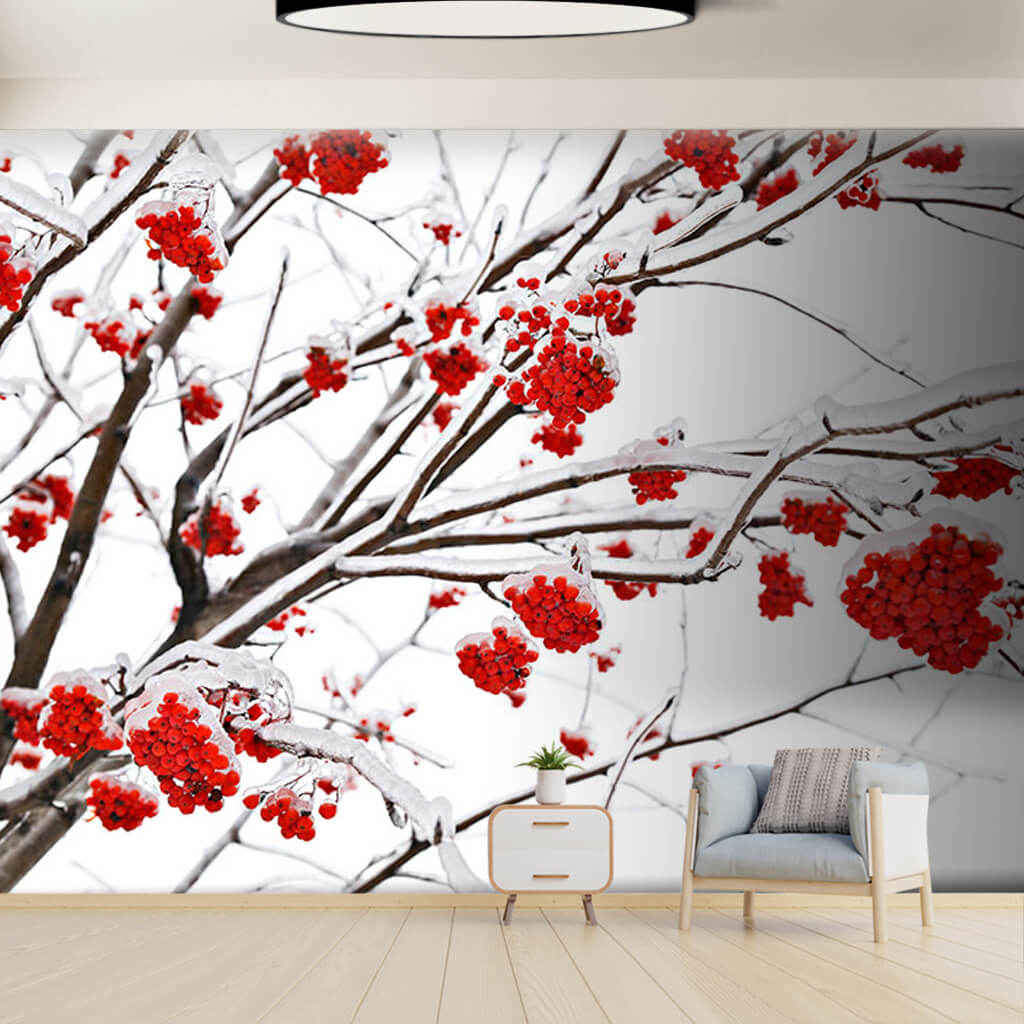 Red rowan tree seeds under the snow in winter wall mural