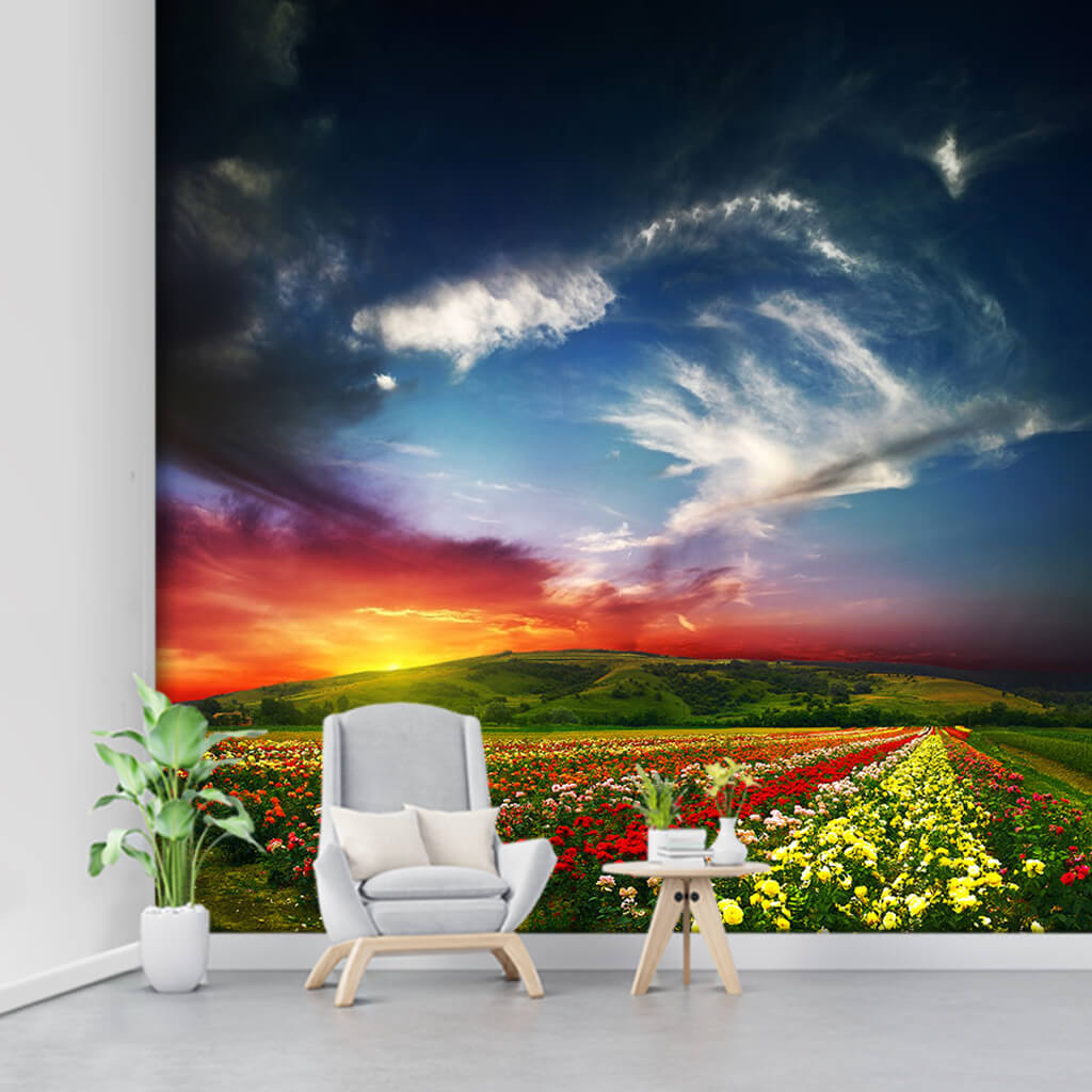 Sunset in a field of colorful flowers scalable wall mural
