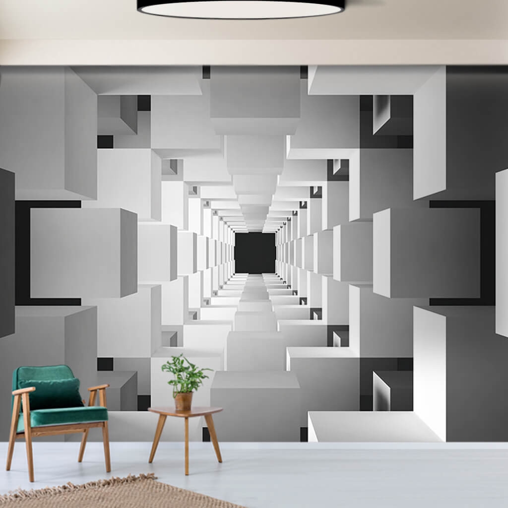 Tunnel created by white cubes 3D scalable custom wall mural