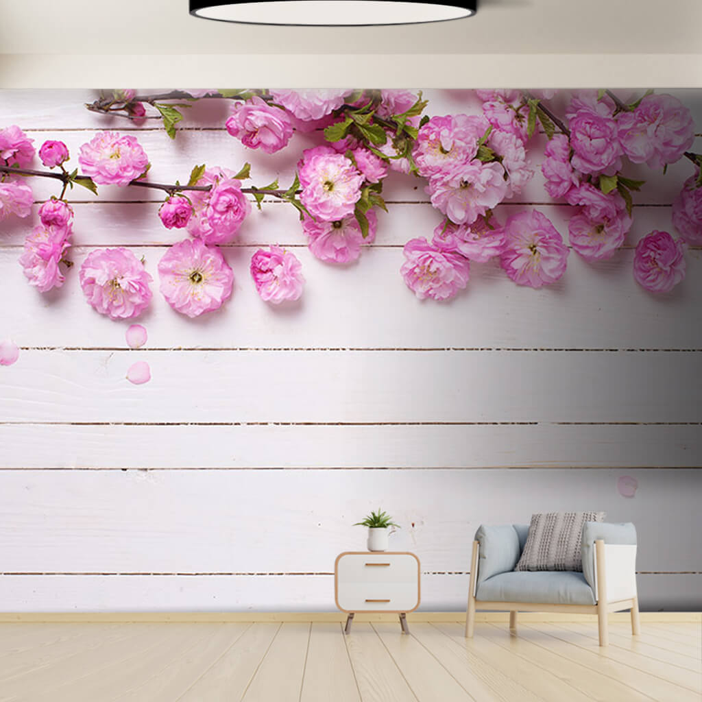Pink flowers on white painted wooden wall custom wall mural