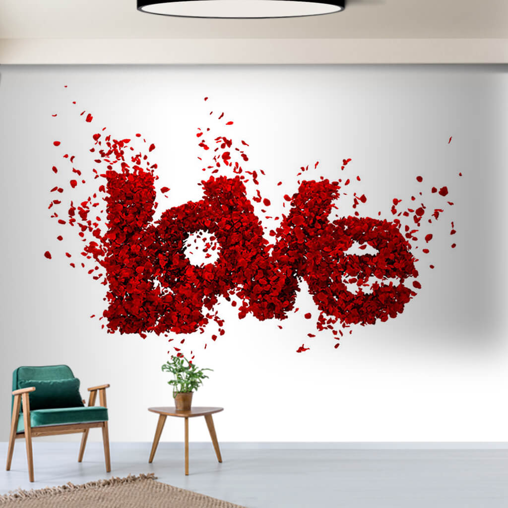 Love written with red rose petals romance themed wall mural