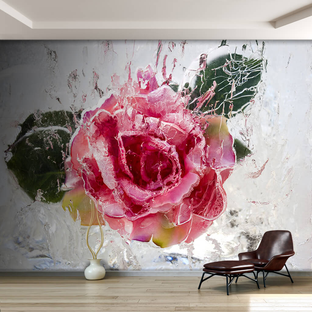 Green leafy red rose in ice scalable wallpaper wall mural