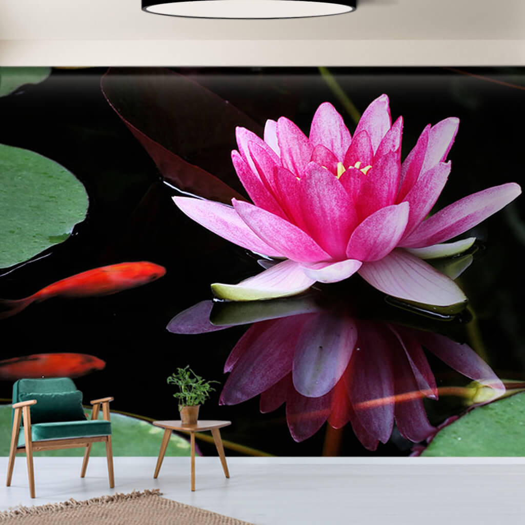 Pink lotus flower with green leafy water lilly wall mural