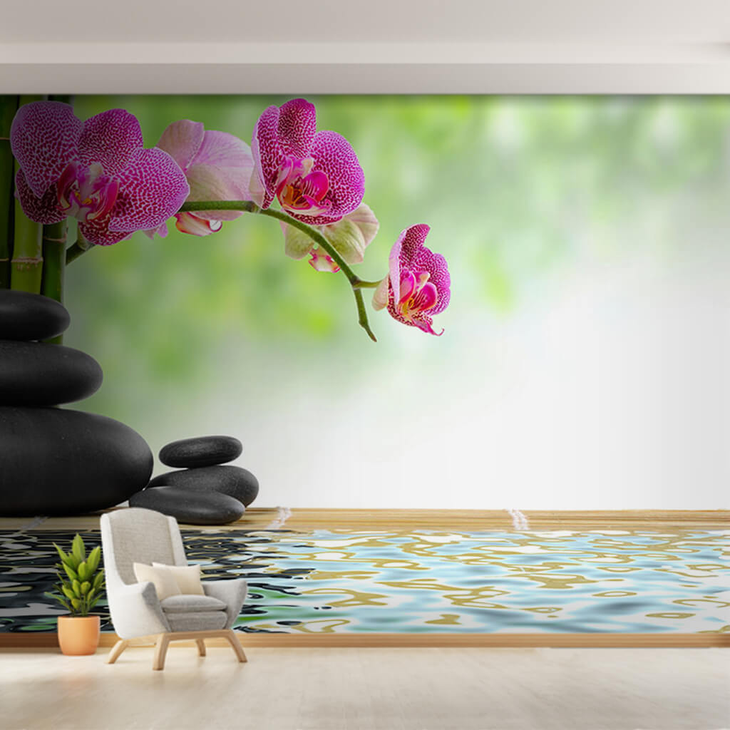 Pink orchid flowers green bamboo and black stones wall mural