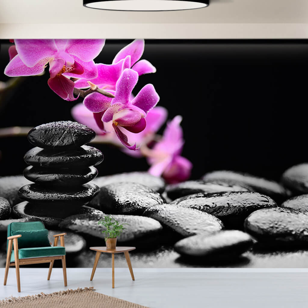 Pink orchids on black stones meditation themed wall mural