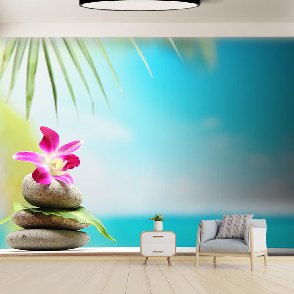 Meditation on tropical beach and pink flower wall mural