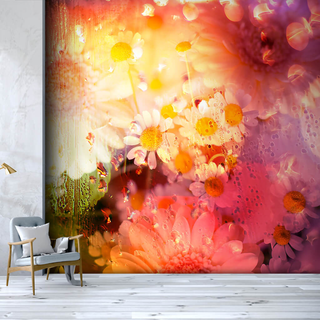 Papatya jerbera gerbera çiçekli sanat rengarenk duvar kağıdı
