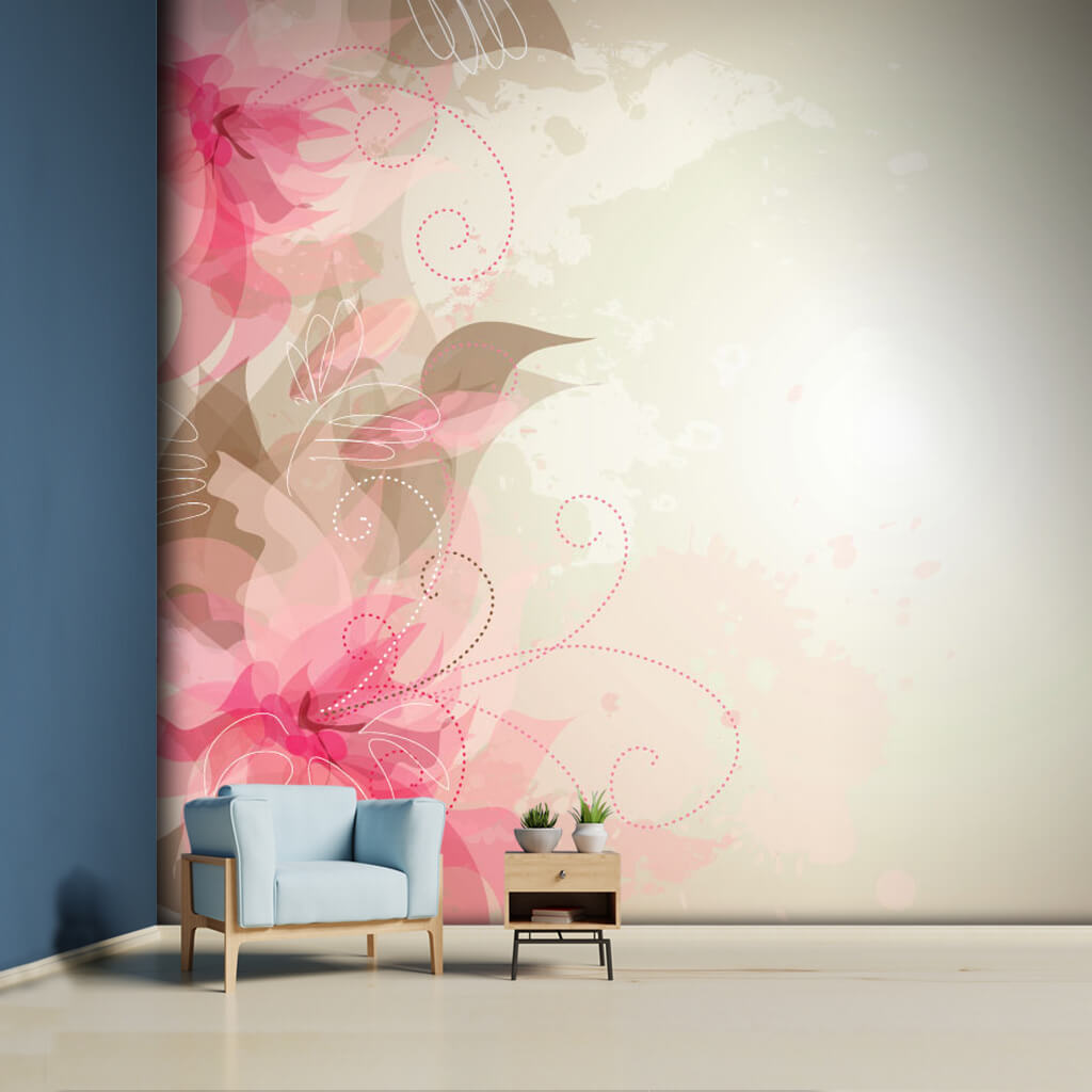 Pastel pink soft floral motifed camellia blossom wall mural