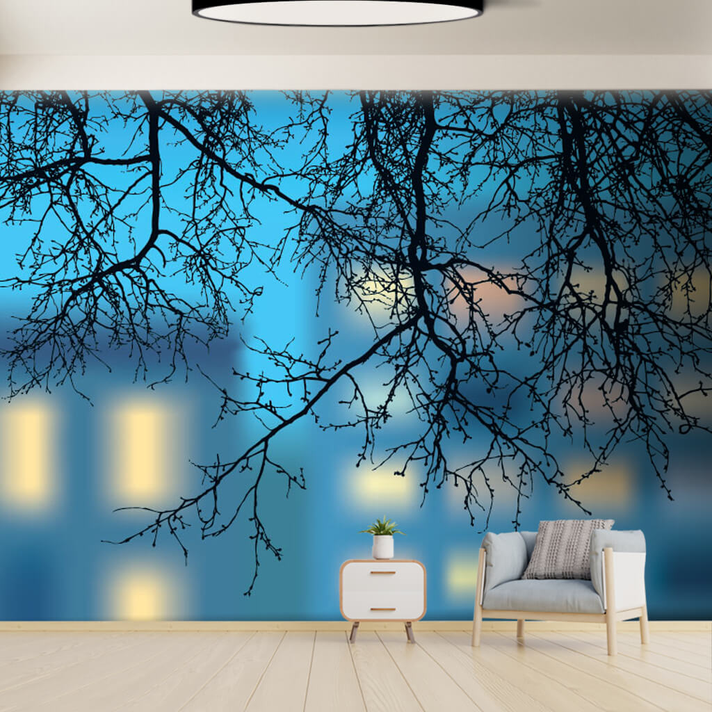 Silhouettes of window lights and tree branches wall mural