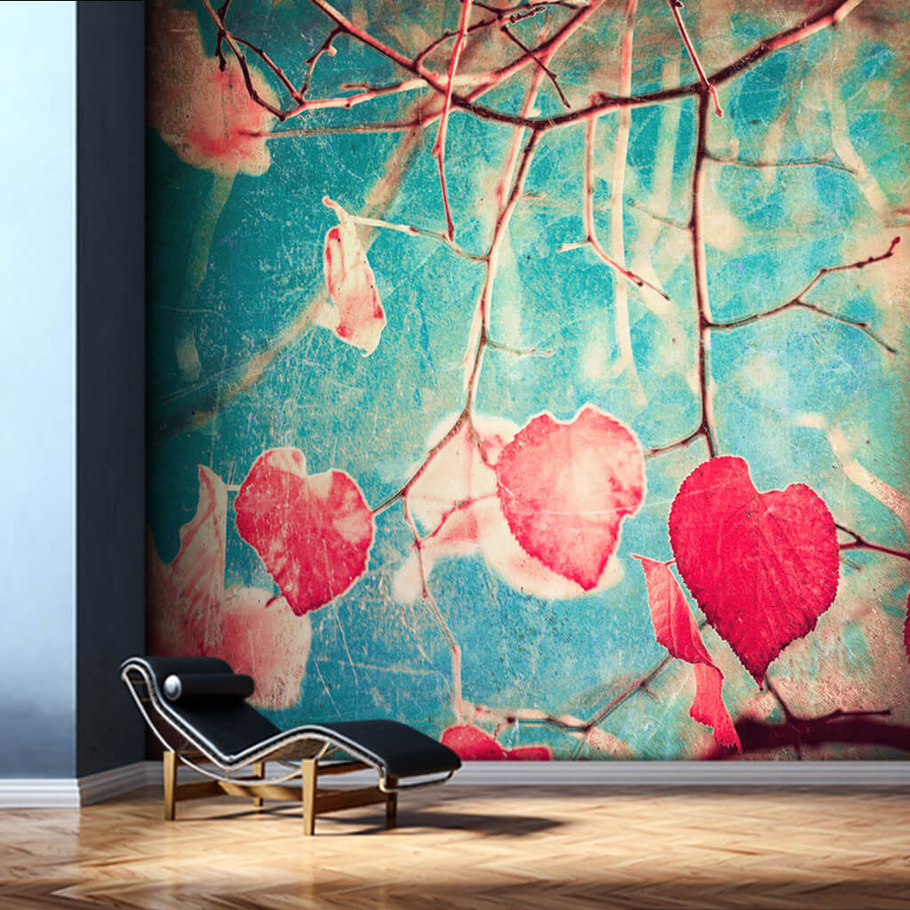 Red heart-shaped autumn leaves vintage custom wall mural