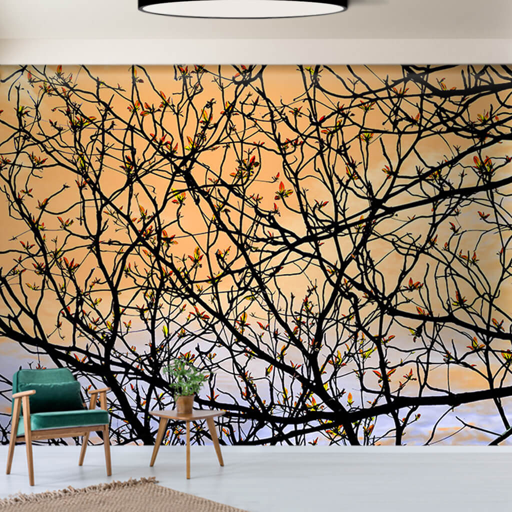Red sky sunset tree Branches scalable custom wall mural