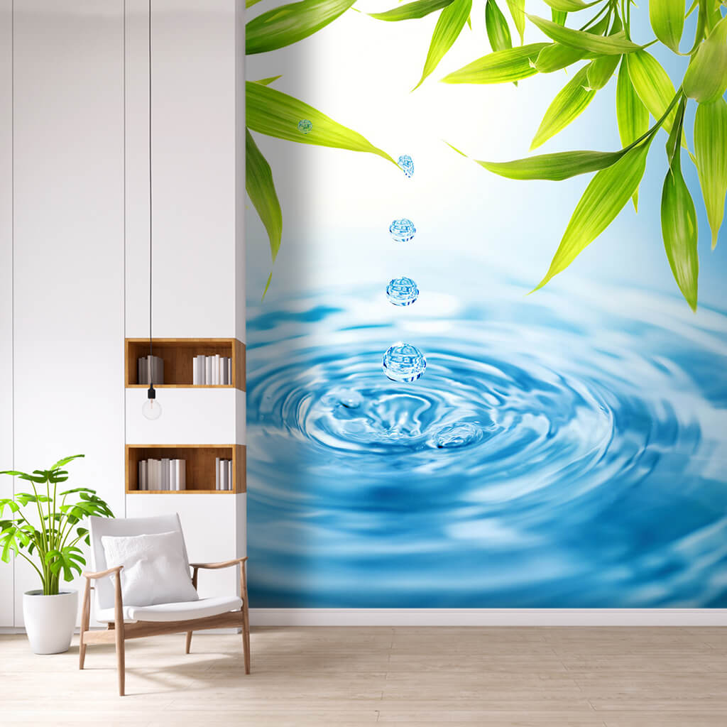 Falling drops in water and green bamboo leaves wall mural