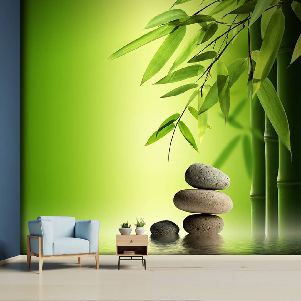 Green bamboo leaves and Stones lined up in a row wall mural