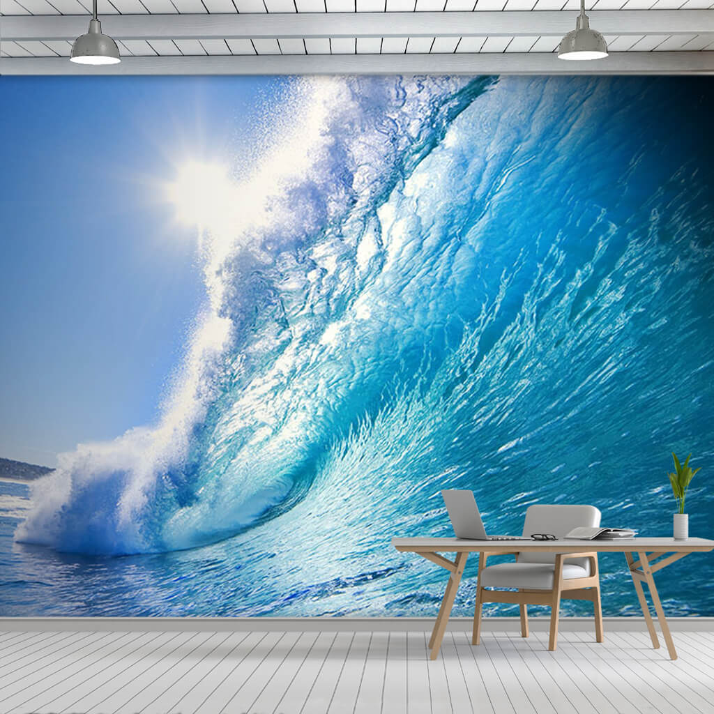 Turquoise wave breaking in the ocean surf and sea wall mural