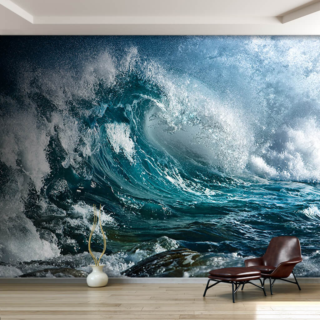 White foamy raging sea wave striking the beach wall mural