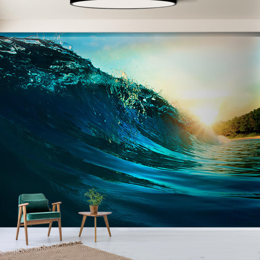 Dark blue ocean wave and setting sun custom  wall mural