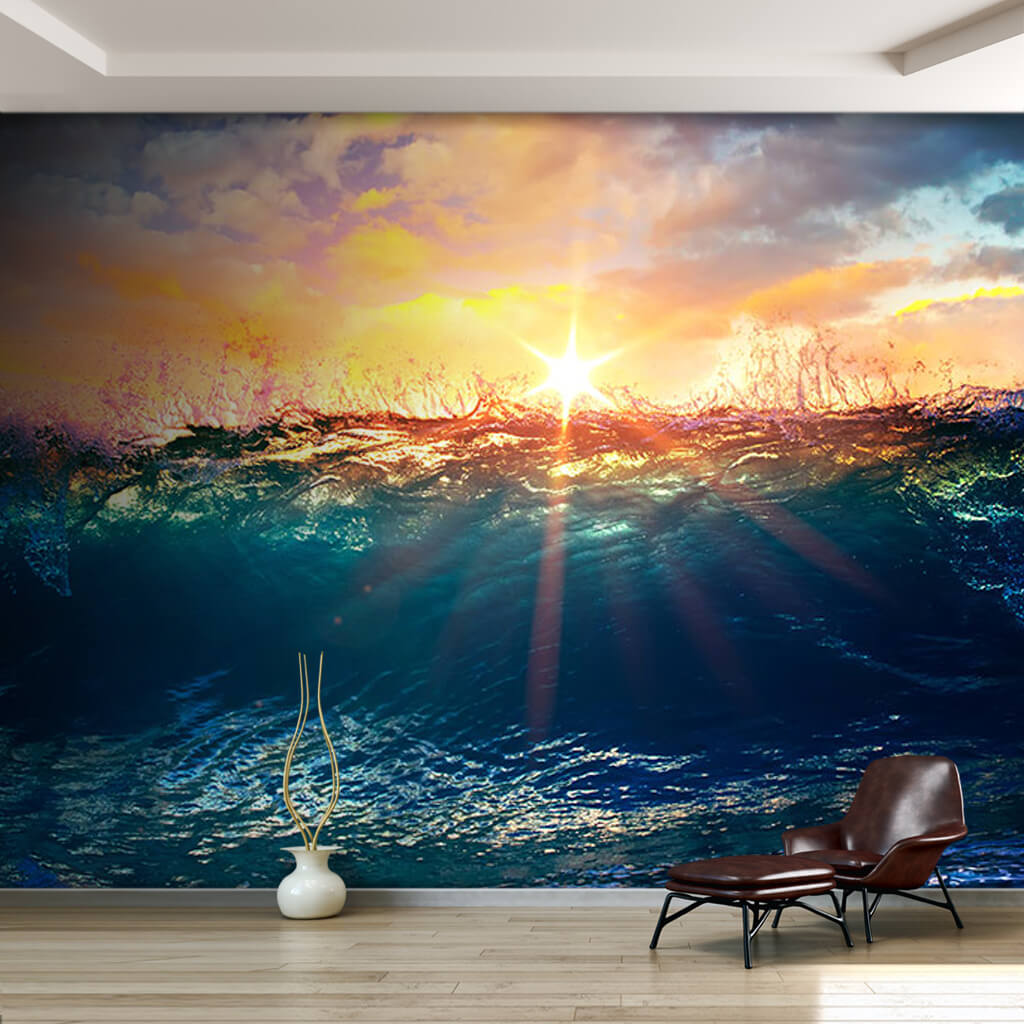 Sun lights from fractured blue ocean wave custom  wall mural