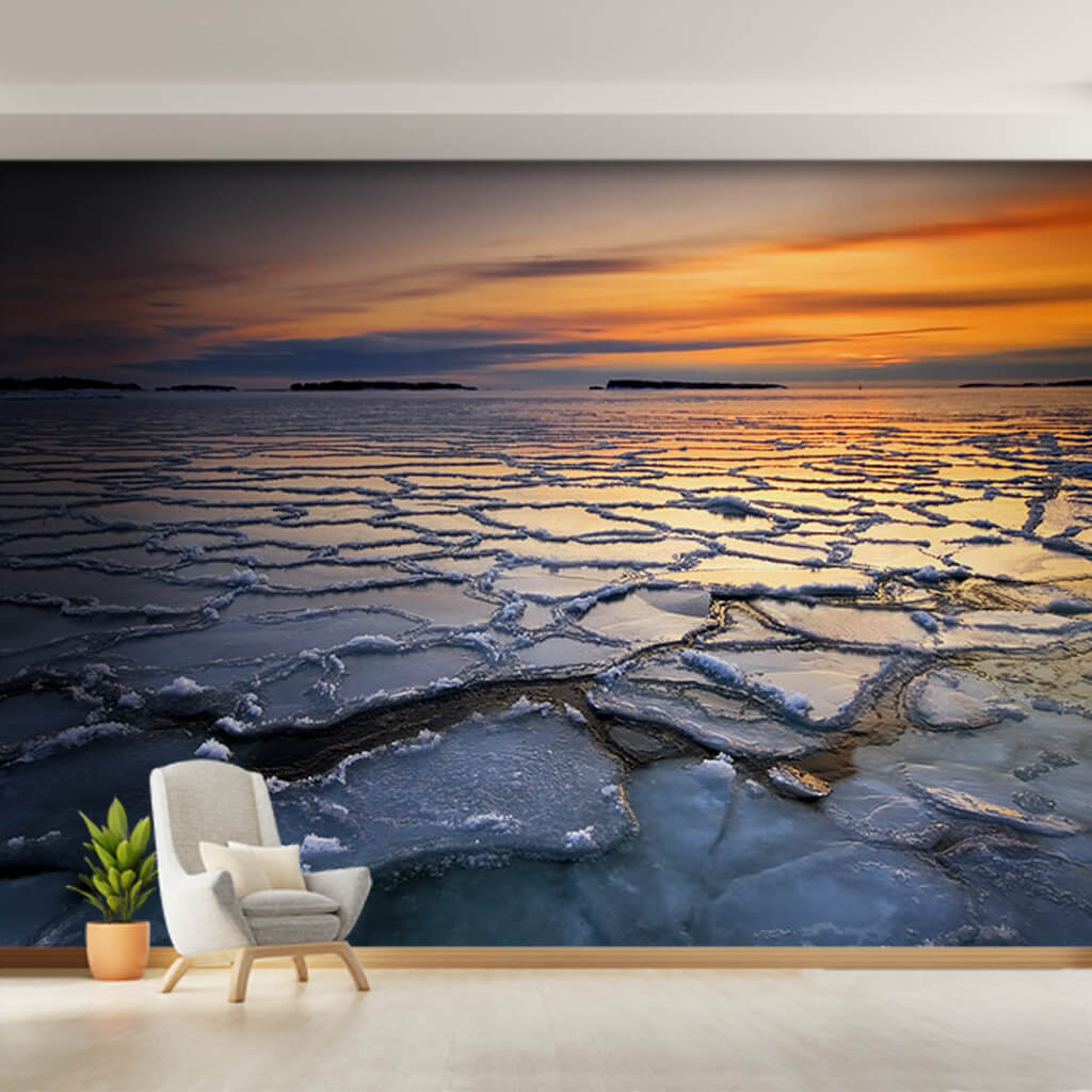 Sunset at frozen sea arctic scenery custom wall mural