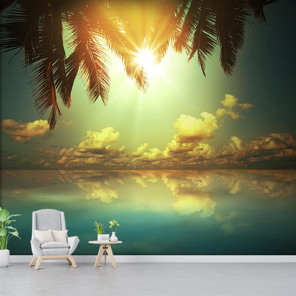 Sun seeping through palm leaves and sea custom wall mural