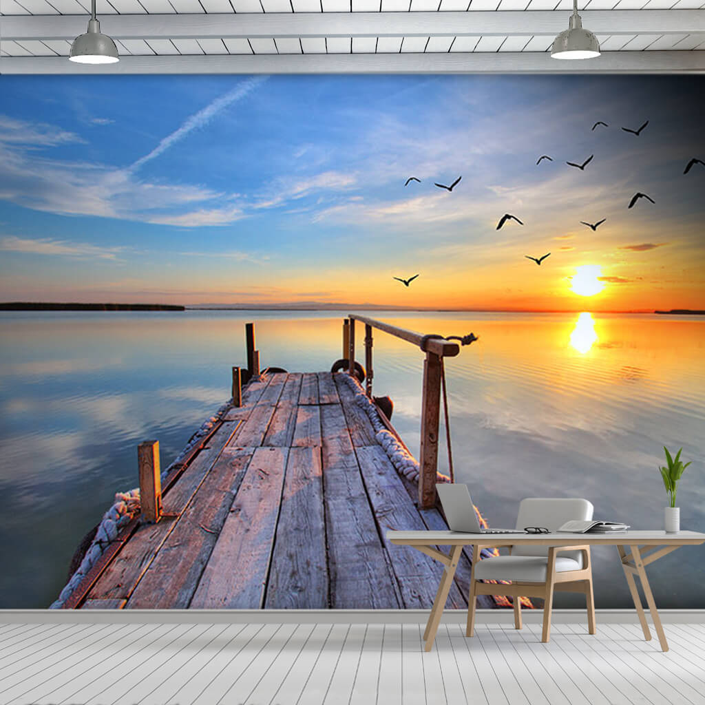 Wooden pier sunset and birds scalable custom wall mural