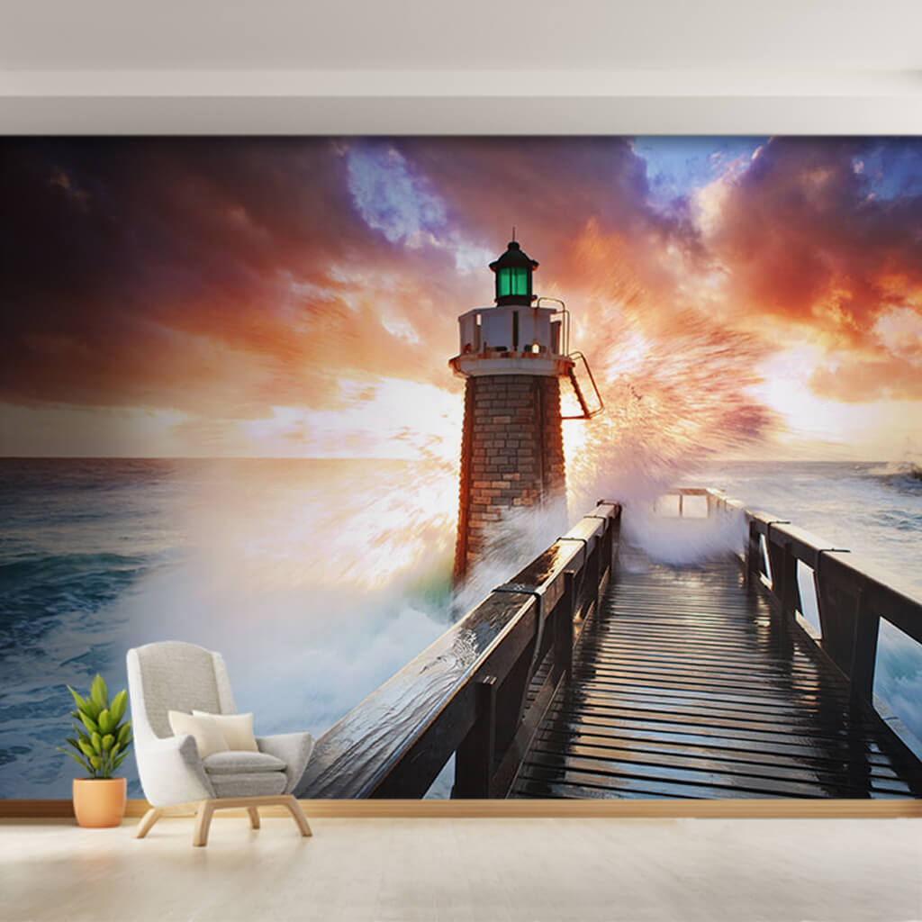 Big wave striking the pier and lighthouse custom wall mural