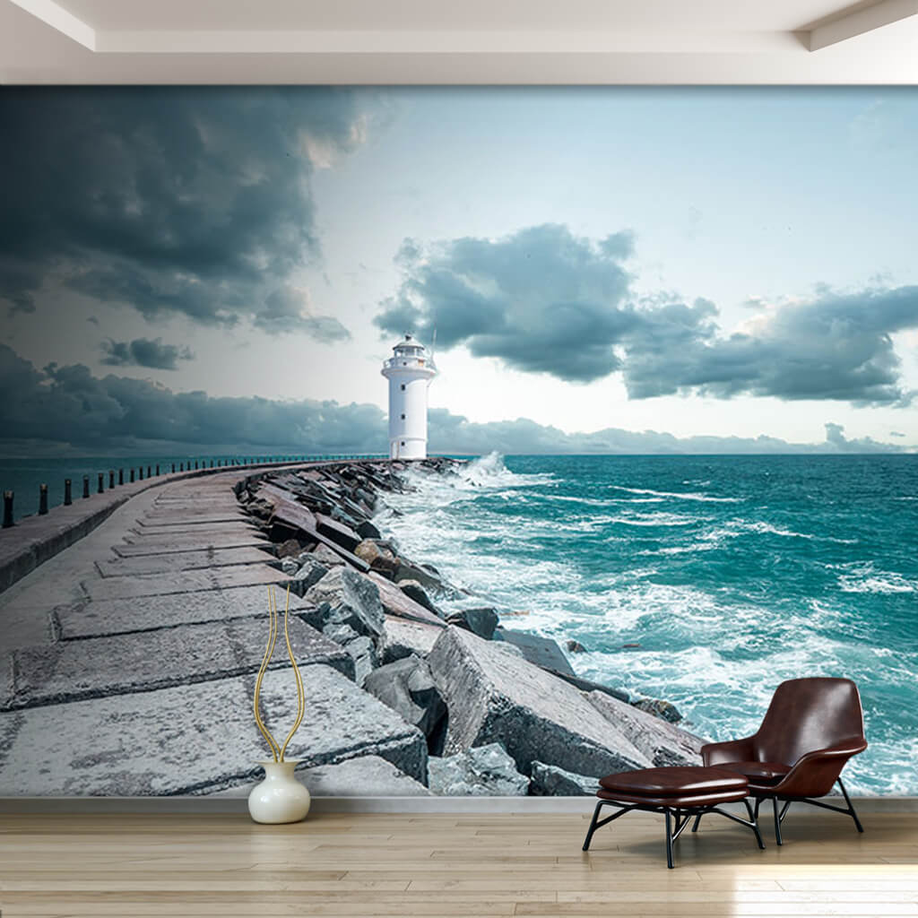 Lighthouse at the end of the jetty at windy sea wall mural