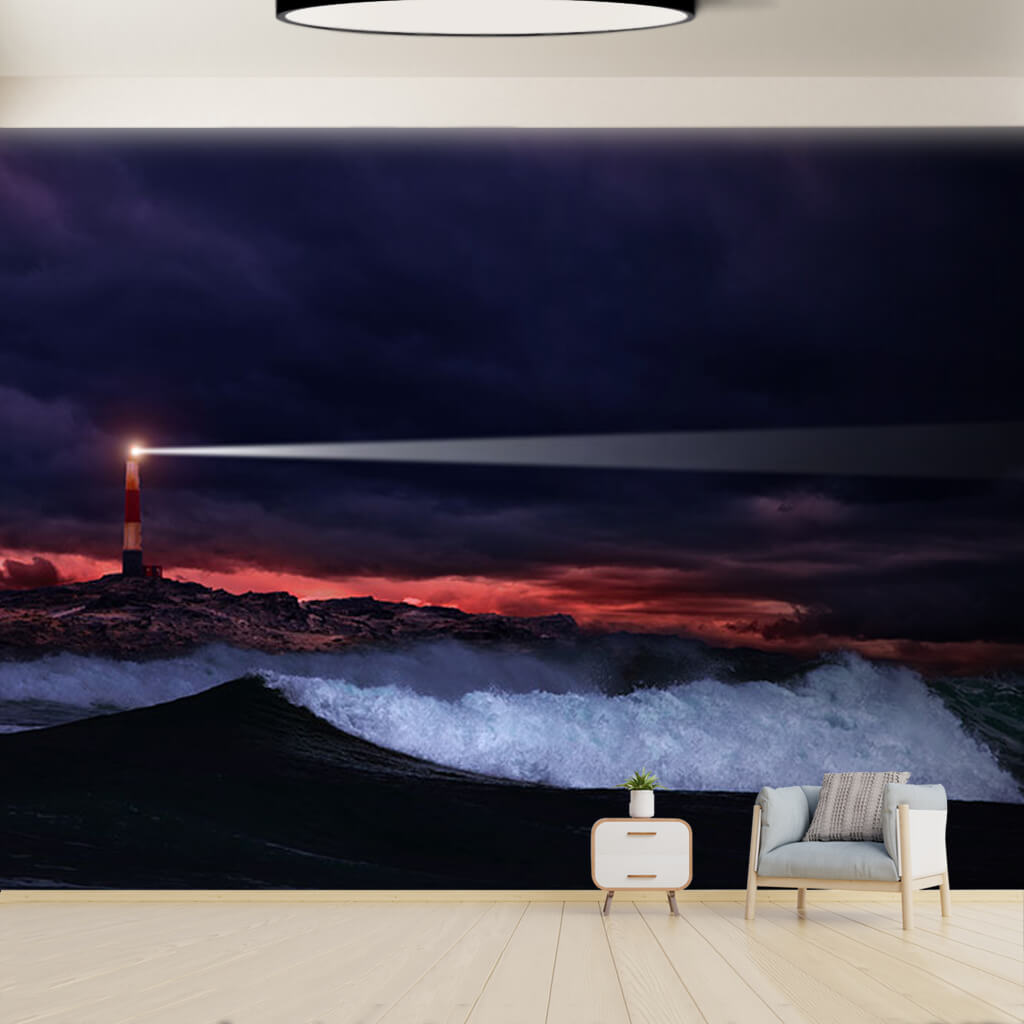 Lighthouse that illuminates the night and waves wall mural