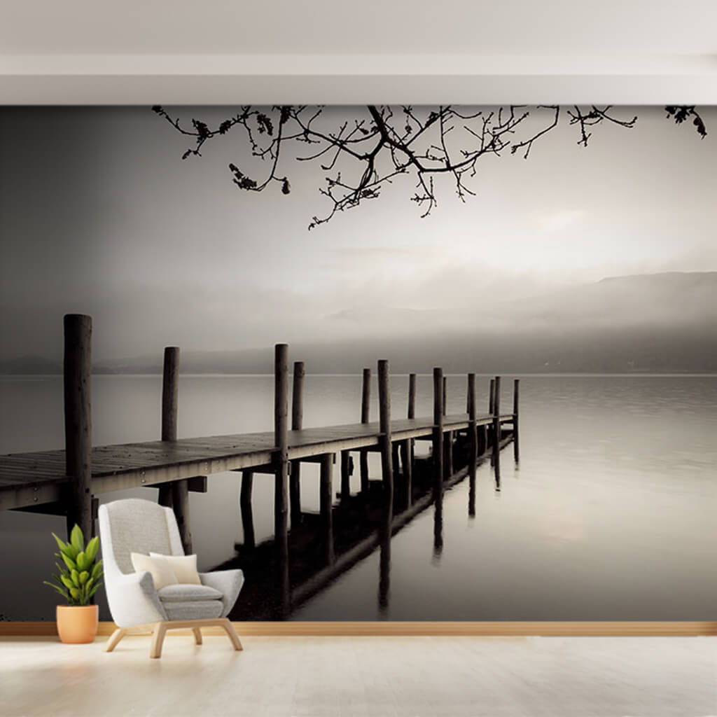 Morning fog at calm sea mountains and pier custom wall mural