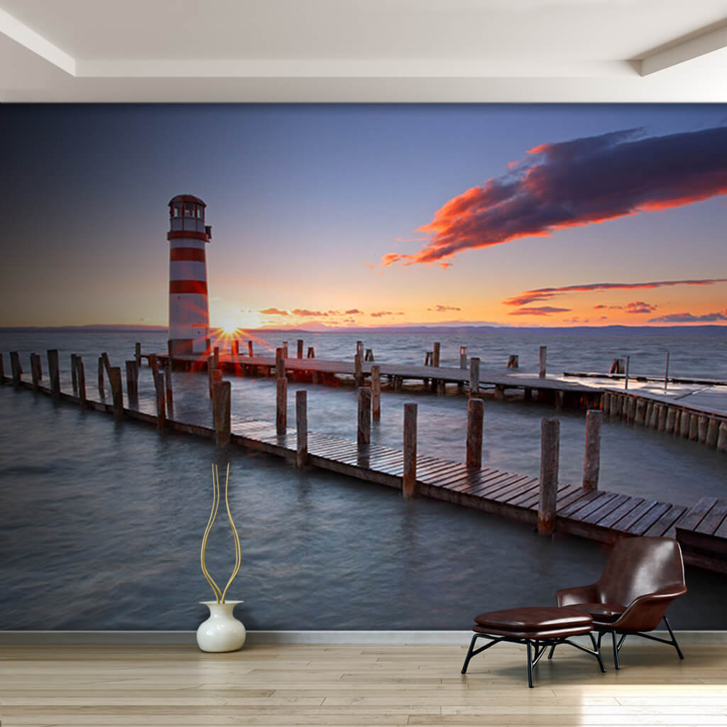 Red white lighthouse at the pier at sunset custom wall mural