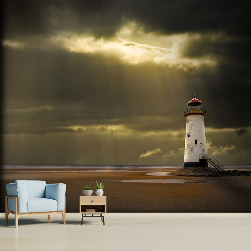 Daylights leaking from the clouds and lighthouse wall mural