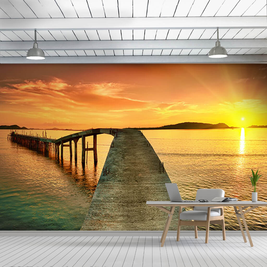 Sunrise at the sea and concrete pier panoramic wall mural