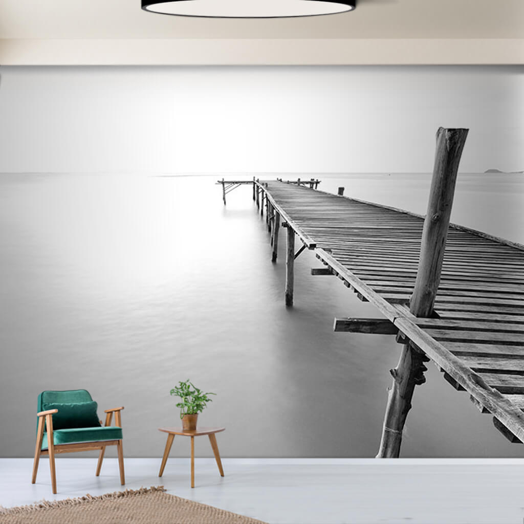 Jetty reaching to sea and serenity black and white wall mural