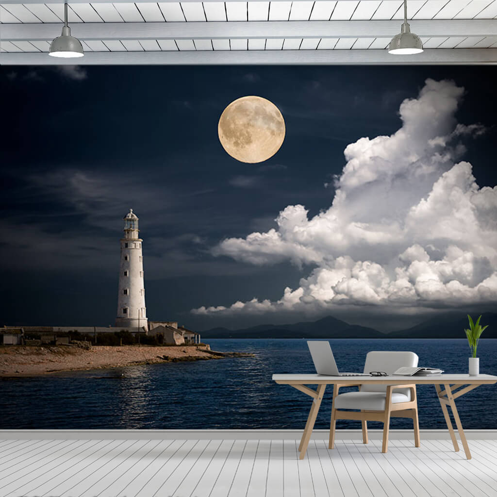 Full moon clouds and white lighthouse at night wall mural