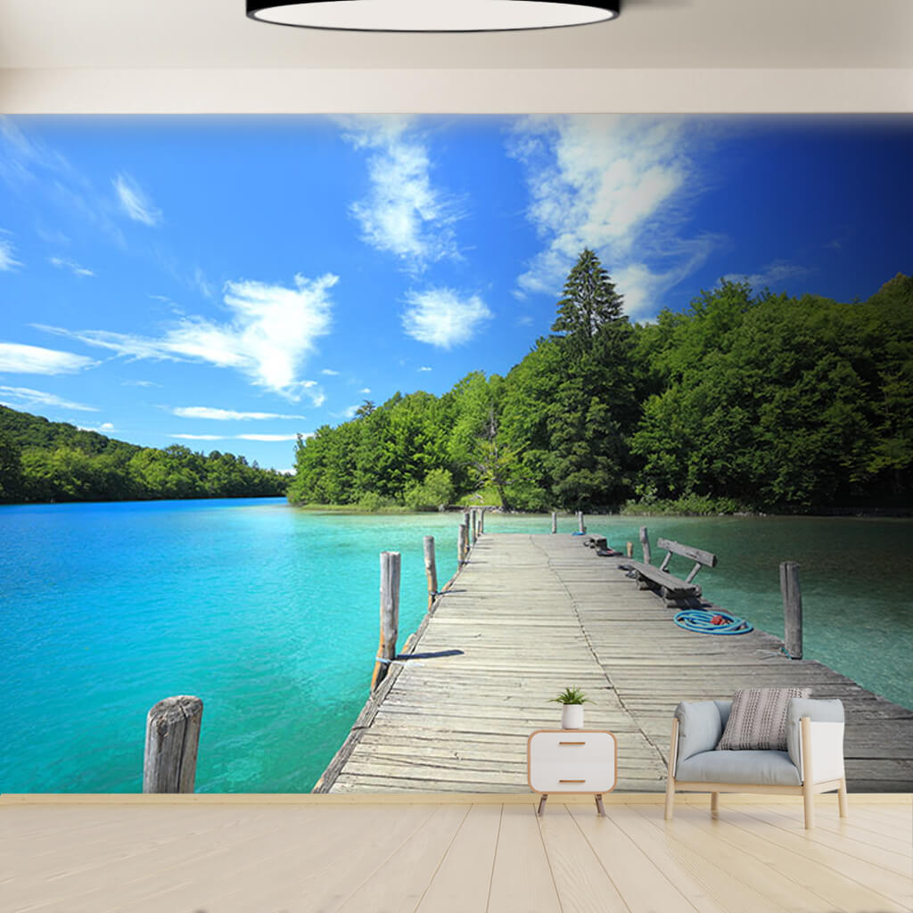 Wooden pier and trees Plitvice lake in Croatia wall mural