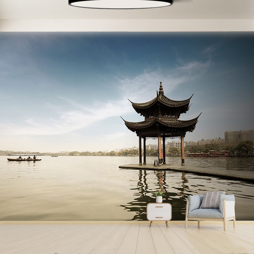 Göl üzerinde kameriye Hangzhou Çin uzak doğu duvar kağıdı